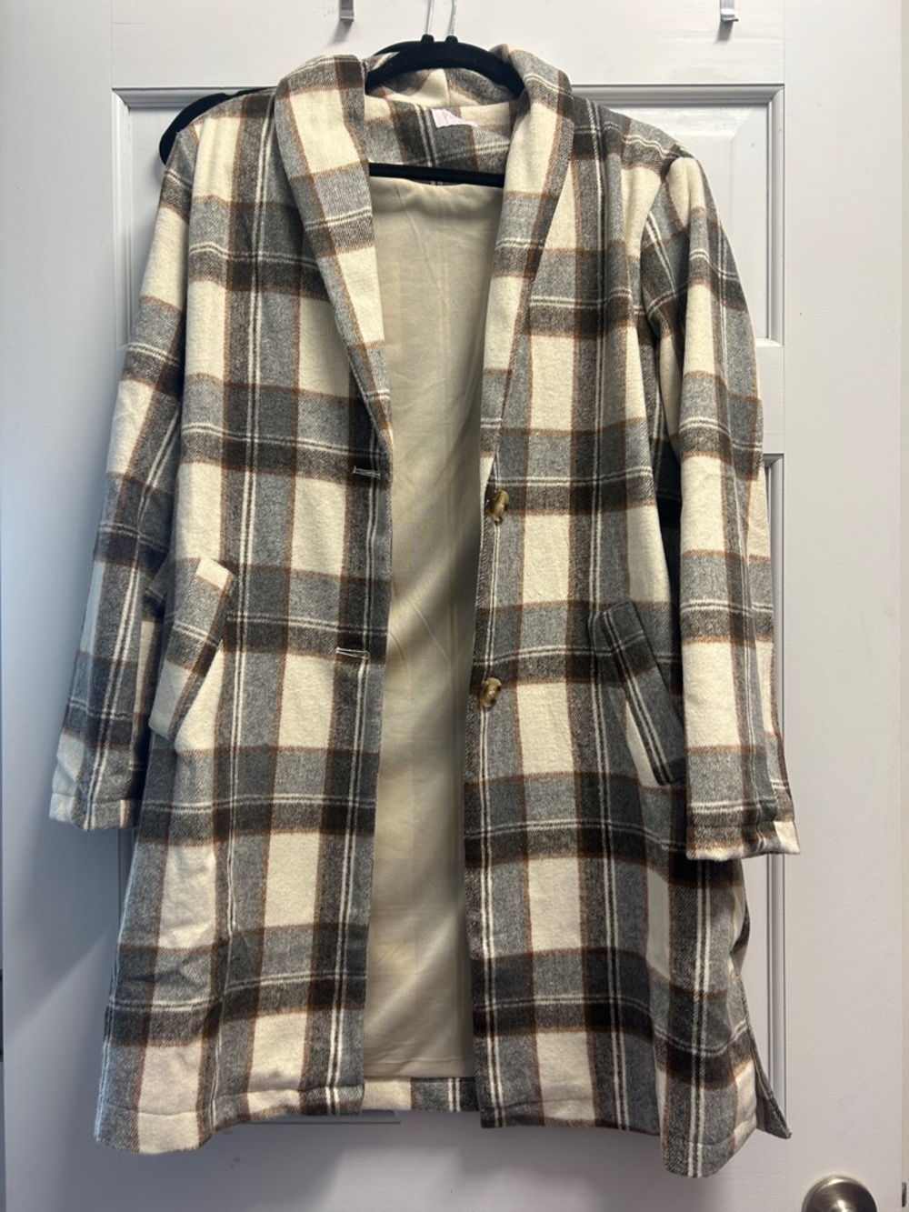 Pink Lily Plaid Trench Coat in Cream, Gray & Brown